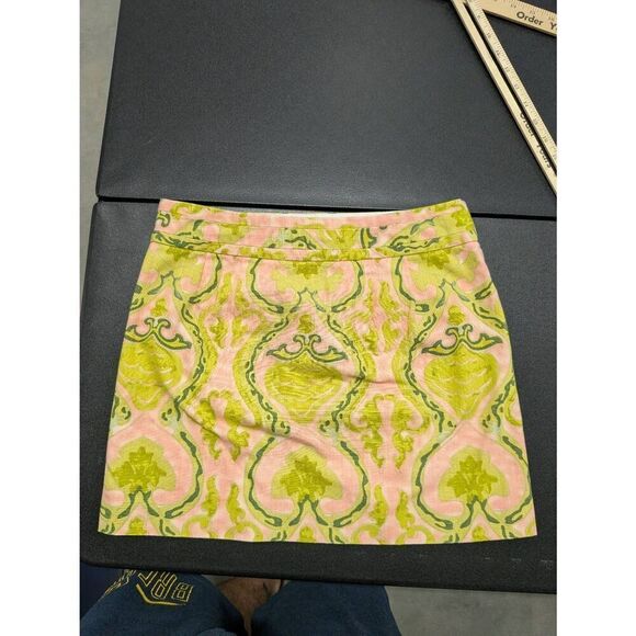 J Crew Skirt  Fresco Damask Printed Cotton Mini Skirt Green Yellow Women's Size - Picture 2 of 4
